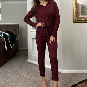 EUC Garnet Button Down Soft Material Collared Tie Belt Long Sleeve Jumpsuit